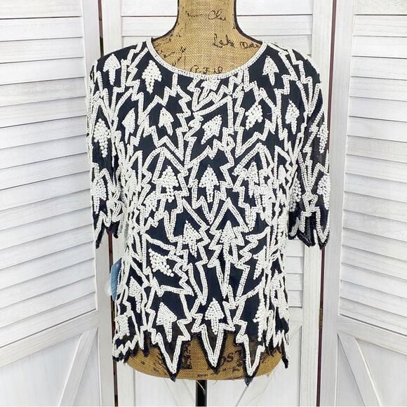 Miss Paillette Pearl Embellished Silk Pullover Blouse Black White Large - Picture 1 of 11